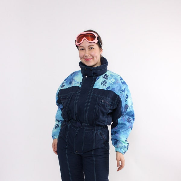 Blue one piece ski suit, vintage 90s snow suit, printed ski jumpsuit, Size M