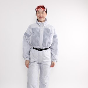 Combinaison de ski une pièce des années 80, combinaison de neige grise vintage, combinaison d&#39;hiver tout-en-un rétro, taille M