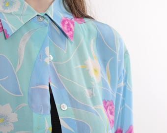 Rozeroze zijden blouse, oversized top met turkooizen bloemen, jaren 80, maat L