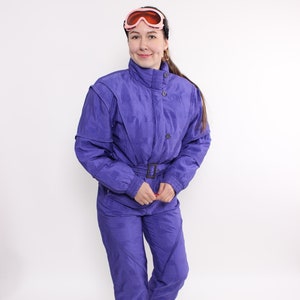 80s one piece ski suit in purple, vintage winter jumpsuit, retro snowsuit for her, Size M
