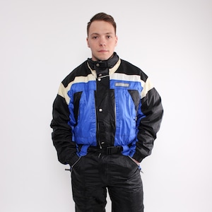 80s one piece ski suit, vintage back color snowsuit, Size L