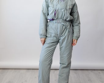 Traje de esquí vintage de los 90 en azul huevo de pato y morado con bordado Edelweiss, mono de nieve de una pieza, talla S