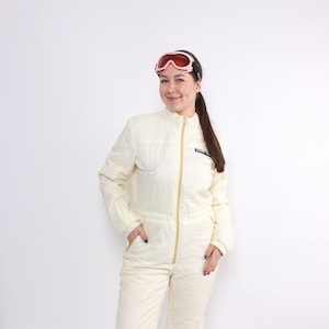 Vintage one piece ski suit, 90s beige ski jumpsuit, women retro snowsuit, Size M