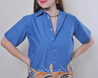 Vintage 90s Hawaiian shirt, blue Hawaii button up shirt, vocation shirt, Size L