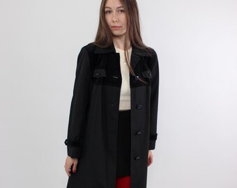 Vintage 90s Black Trench Coat – Long Corduroy Jacket Retro Outerwear, Size M