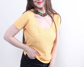 vintage y2k Colmar surfing t-shirt, 2000s yellow summer tshirt XL size flower embroidery top