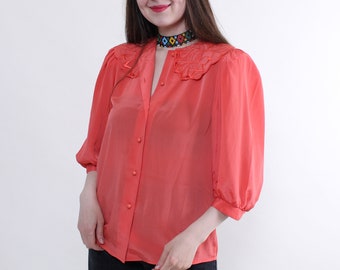 90s Orange lace blouse, vintage puff sleeve sheer secretary blouse, Size L