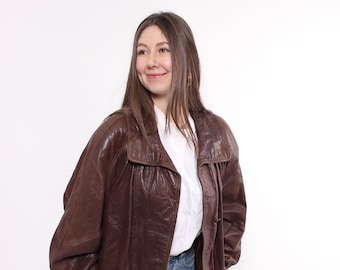 Vintage 90s leather jacket, brown color women trench coat, Size M/L