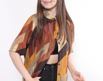 90s multicolor brown blouse, vintage causal short sleeve office blouse, Size M