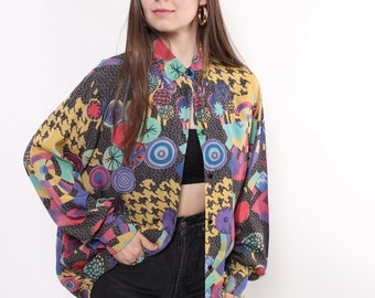 90s abstract print multicolor blouse, vintage colorful funky oversized button up shirt, Size L