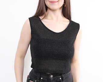 Camiseta de tirantes negra brillante de los años 90, top de cóctel elástico corto vintage, talla M