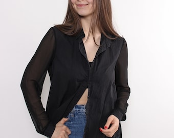 90s sheer button up blouse, vintage transparent sleeves minimalist blouse in black, Size M