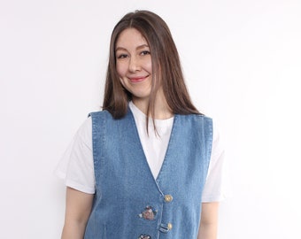 Gilet in denim vintage anni '90, gilet blu folk con ricamo fiori, taglia M