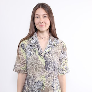 90s floral print linen blend blouse, vintage short sleeve button up shirt, Size L