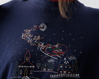 Vintage Santa Sleigh Christmas Sweatshirt Rhinestone Village Navy Oversized XL