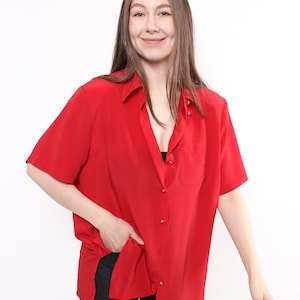 90s red formal blouse, vintage woman short sleeve minimalist button up shirt, Size L