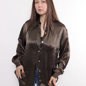 90s shiny green cocktail button up, vintage long sleeve evening blouse, Size M