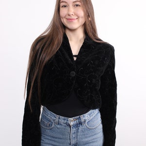 Vintage 80s cropped blazer, flowers embroidery black crop jacket, Size M