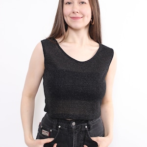 90s black shiny tank top, vintage cropped elastic cocktail top, Size M