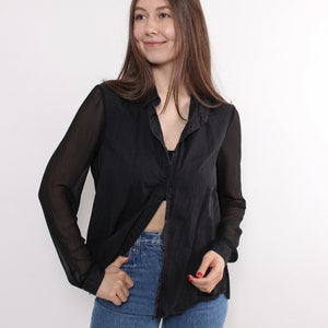 90s sheer button up blouse, vintage transparent sleeves minimalist blouse in black, Size M