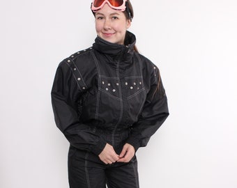 Schwarzer einteiliger Skianzug, Vintage 90er Jahre Schneeanzug, Retro Winter Overall, Größe M