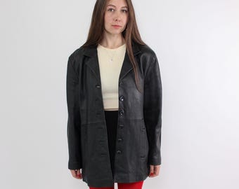 Veste en cuir noire vintage des années 90 avec bouton sur le devant, taille M