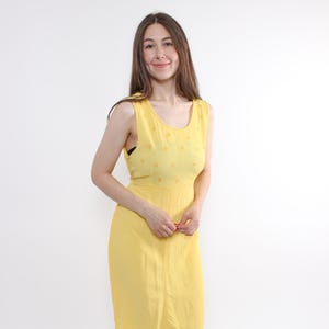 90s yellow midi sundress with floral embroidery, vintage summer sleeveless dress, Size M