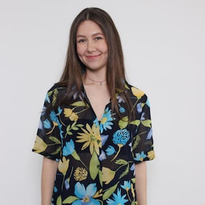 90s flowers print sheer blouse, vintage multicolour transparent blouse, Size M
