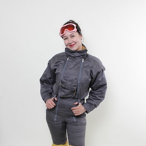One piece ski suit, retro full snow suit, women gray skiing jumpsuit, Size S