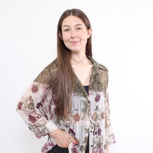 90s brown floral sheer blouse, vintage button up shirt with 3/4 sleeves, Size L