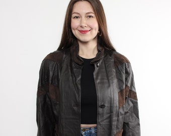 Chaqueta de cuero vintage de los 90, gabardina retro de ante con parches marrones, talla M