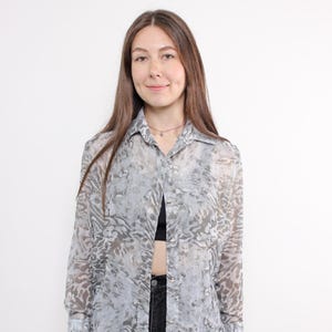 90s Sheer Abstract Print Blouse: Vintage Grey Long Sleeve Top