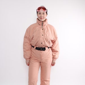 80s one piece ski suit, vintage winter jumpsuit, retro snowsuit in peach color, Size M
