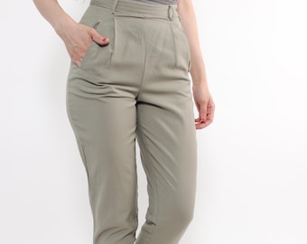 Vintage 90s Sage Green Wool Trousers, High Waisted Pleated Tapered Pants