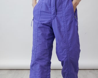 Pantalones de esquí vintage color violeta bígaro de los 90, cintura alta, acolchados, talla L.