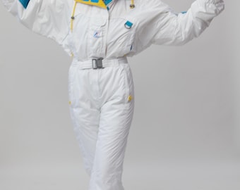 90s K-Way White Ski Suit Turquoise Yellow Hooded Belted Snowsuit S/M