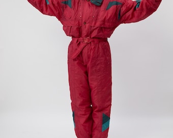 90s Raspberry Red Teal Color Block Ski Suit Belted One Piece Snowsuit M/L