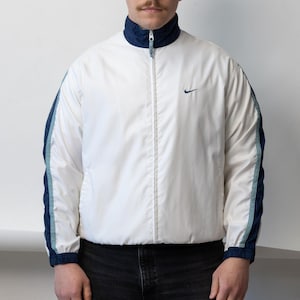 Nike Track Jacket White Navy Y2K Vintage Windbreaker Size M