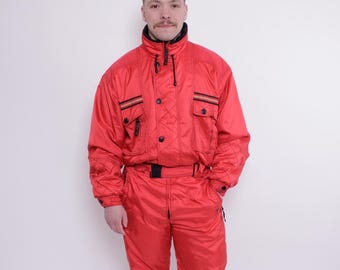90s Vintage One Piece Ski Suit, Retro Mens Red Snowsuit, Size L