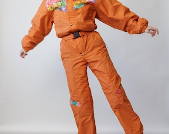Traje de esquí vintage de los 90 con estampado floral acuarela naranja quemado, forro estampado y capucha, talla M.