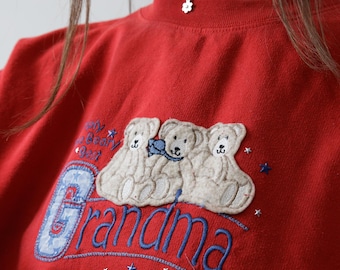 90s Teddy Bear Grandma Sweatshirt Red Applique Embroidered Crewneck XL