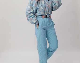 Vintage Light Blue Abstract Print Ski Suit Belted Size M