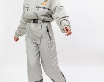 90s Grey Snowboard Suit Embroidered Cartoon Back Acid Wash Knee Panels M