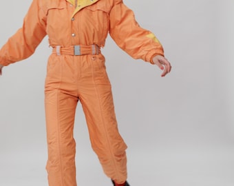 90s Apricot Orange Ski Suit Yellow Lining Belted Hooded Snowsuit S
