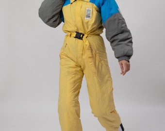 90s Butter Yellow Ski Suit Embroidered Back Hooded Made in France M