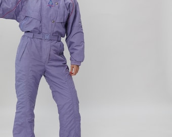 90s Purple Ski Suit Magenta Collar Concho Snaps Hooded Belted Snowsuit S/M