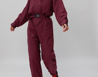 Vintage Burgundy Ski Suit One Piece Belted Size M