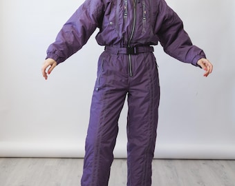 Traje de esquí vintage de una pieza de los 90, morado iridiscente bordado, talla S