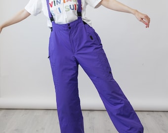 90s Killy Violet Purple Vintage Ski Bib Pantalones Suspender Salopettes Hecho en Francia Tamaño M