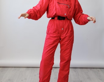 Traje de esquí vintage rojo de los 90 de K2, mono de nieve de una pieza con cuello de forro polar y capucha, talla S.
